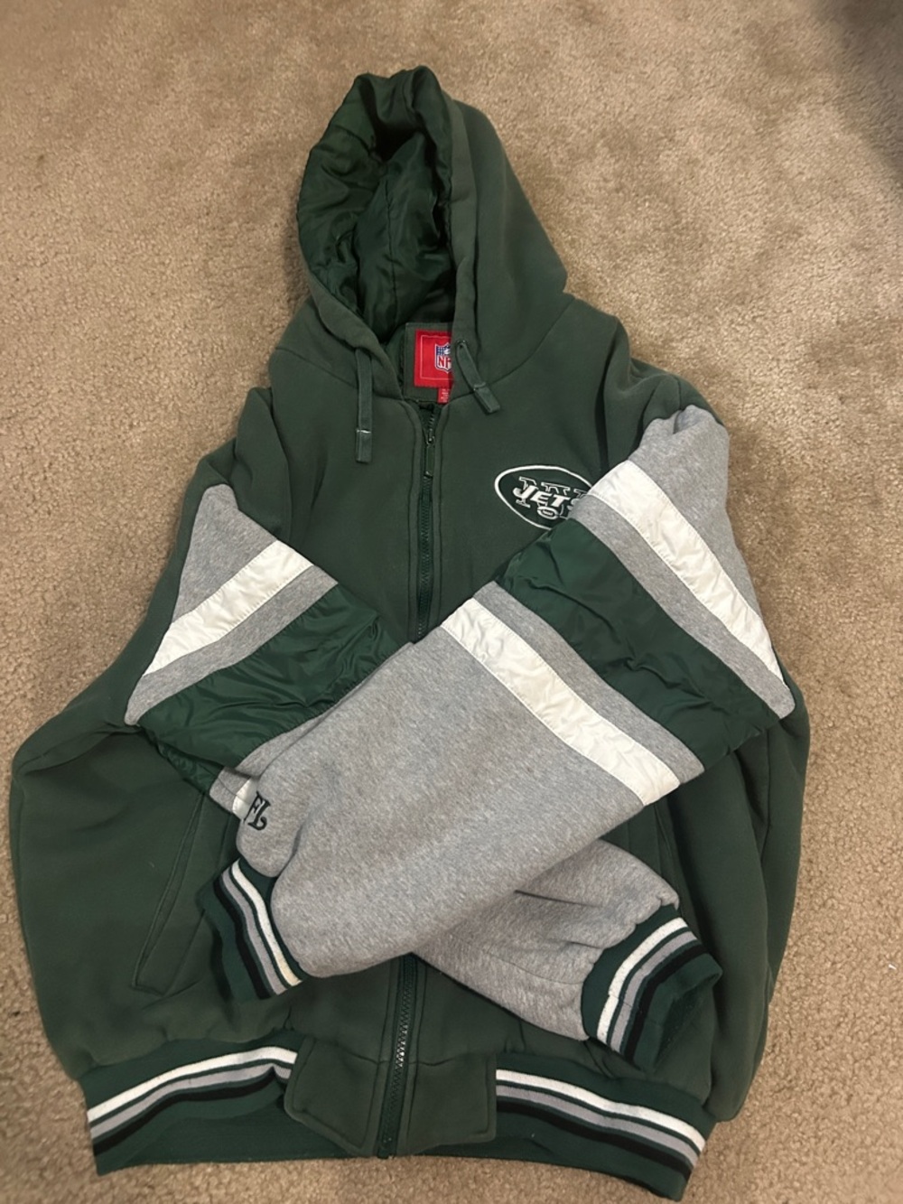 NFL Gray and Dark Green Striped Cuff Hooded Sweatshirt